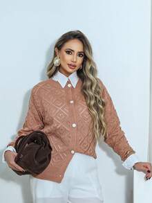 Women's Long Sleeve Cardigan In Knitted Blouse With Buttons, Elegant Coat For Winter And Everyday Wear, Women's Thin Cardigan Blouse - 淺粉色 - 查看 6