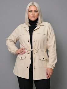 Plus Size Winter Overcoat In Bengaline Fabric With Drawstring, Zipper, And Button Closure. This Winter Parka Coat/Blouse Is Perfect For Sizes G1, G2, And G3. - Beige - View 4