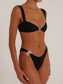 Bộ bikini nữ mùa hè đi biển, trang trí kim loại, màu đen. - màu đen - Xem 3