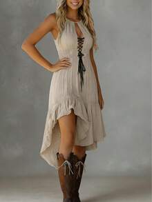 Đầm mùa hè thanh lịch, thoải mái, dây mảnh, thắt eo, dáng chữ A bất đối xứng, xếp ly, kiểu dáng nghỉ mát, thắt eo khoét rỗng dành cho nữ. - Màu Khaki - Xem 3