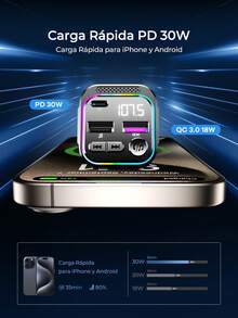 REMAX Cargador rápido para automóvil PD30W, salida de 3 puertos USB-A y Tipo-C, llamadas manos libres y música Bluetooth 5.3, accesorios para automóvil con luz RGB, modo de música dual (Bluetooth + USB), compatible con vehículos de 12-24V para iPhone y Android, cargador Tipo-C, cargador iPhone, artículos para automóvil, esencial para viajes - Titular - Ver 5