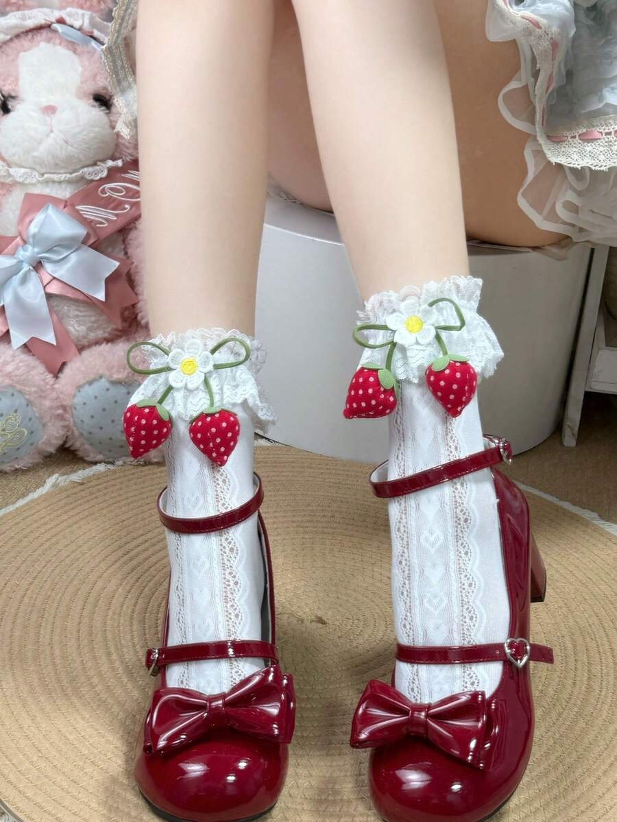 1双女士蕾丝边蝴蝶结珍珠装饰过膝袜,适合大多数尺码,洛丽塔/学生妹风格 - 白色 - 查看 1