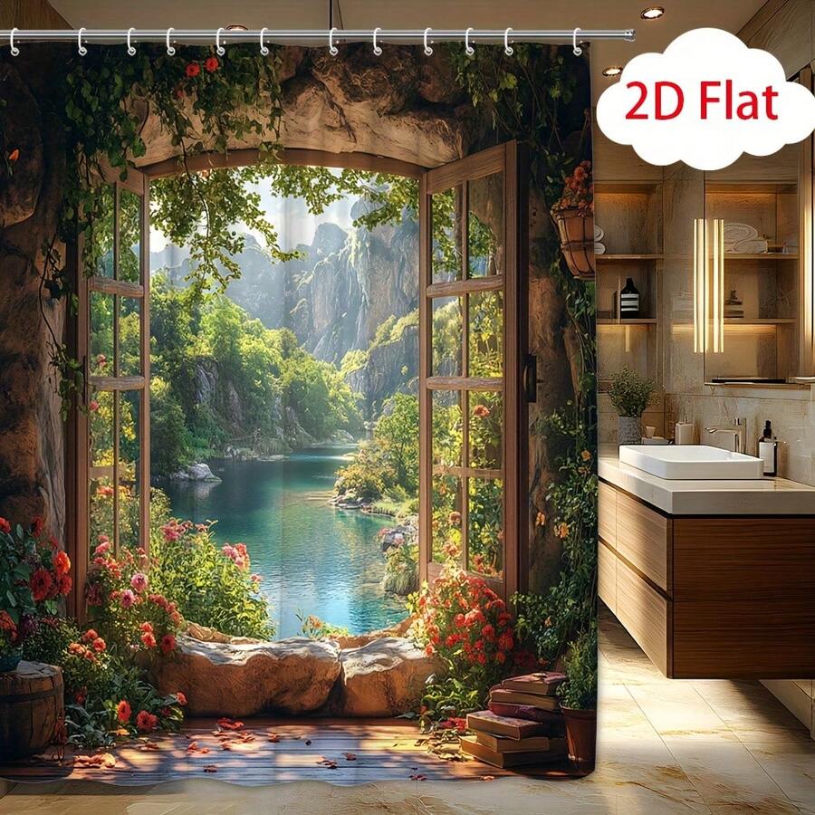 Flat Garden Room Shower Curtain, Made Of Polyester Fabric, Depicts A Lifelike Of A Sunlit Room With A French Door Leading To A Turquoise Lake, Making It A  Bathroom Decor. - 1 浴簾(71x71吋) - 查看 1