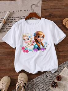 Disney Dis Frozen Anna Princess Floral Cartoon Magic Printed Pattern T-Shirts For Girls - Children's Clothing Design Short-Sleeved Casual And Cute Style Comfortable And Casual Wear All Year Round Suitable For Parties And Play Machine Washable Gift Children's Clothing Girls' Short-Sleeved Shirts - 白色 - 查看 2