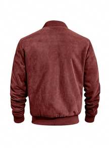 1pc Men's Solid Color Lightweight Suede Fleece Flight Jacket, Full Zip Stand Collar Casual Outerwear, Retro Faux Leather Jacket, Autumn/Winter/Spring Men's Jacket - Burgundy - View 3