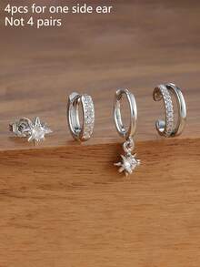 4件套精美锆石星星耳环套装，时尚耳钉耳骨环饰品 - 4pcs-Silver-13# - 查看 2