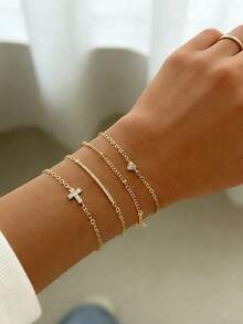 CVNANA 4pcs Set Fashionable Minimalist Sparkling Crystal Cross & Heart Layered Bracelet Set, Suitable For Birthday Party, Gathering, Daily Wear, Music Festival, Great Gift For Friends, Couples, Girlfriend, Mom (Bead Quantity Random) - A - View 5