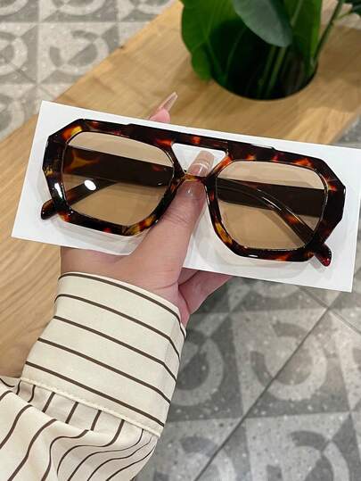 1 pieza Gafas de mujer con montura de doble aro, con un estilo retro y casual, con un patrón geométrico de estampado de leopardo
