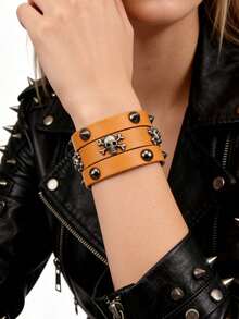 1pc Leather Bracelet, Personalized Rivet Wide Cuff Bracelet, Punk Style Stage Performance Accessory, Unisex, Nightclub Decor, Gift For Boyfriend - Bracelet - View 9