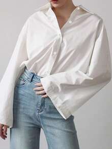 Plus Size Women Elegant Solid Color Casual Turndown Collar Long Sleeve Blouse, Woven Fabric Front Button, Office & Daily Wear, Spring/Summer/Autumn White - White - View 4