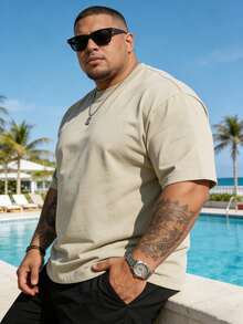1XL-6XL 220-440lbs Men's T-Shirt, Plus Size Casual Crew Neck Short Sleeve T-Shirt, Suitable For Outdoor Sports, Versatile, Slim Fit, Refreshing And Energetic, Great Gift For Husband And Boyfriend - Khaki - View 5