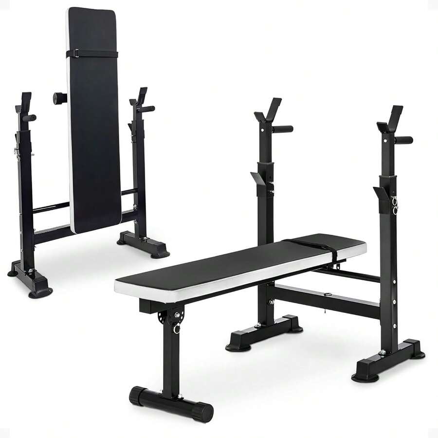 Steel Weight Bench W/ Squat Rack In Multiple Colors, 400 Lb User Capacity - Foldable Home Gym Equipment For Range Of Workouts W/ 6-Position Barbell Holder & Adjustable Seat And Recliner - Black/White - View 1