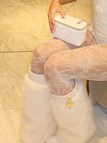 女士白色花卉蕾丝连裤袜，透明图案，优雅酒红色网眼丝袜 - 白色 - 查看 4