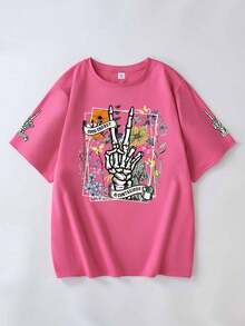 Camiseta de mujer de manga corta con estampado de calavera y flores, camiseta gráfica de estilo casual de primavera y verano - Rosa Fucsia - Ver 3