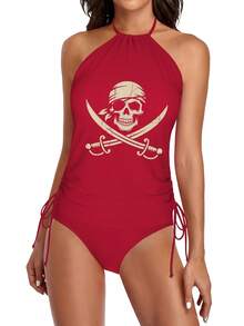Women'S Tankini Swimwear Featuring A Pirate Skull And Crossbones Design, Perfect For Halloween And Rave Parties. This Elegant Bathing Suit Is Ideal For Beach Outings, Pool Gatherings, And Water, Showcasing A Cute Style, Durable Fabric - 紅色 - 查看 7
