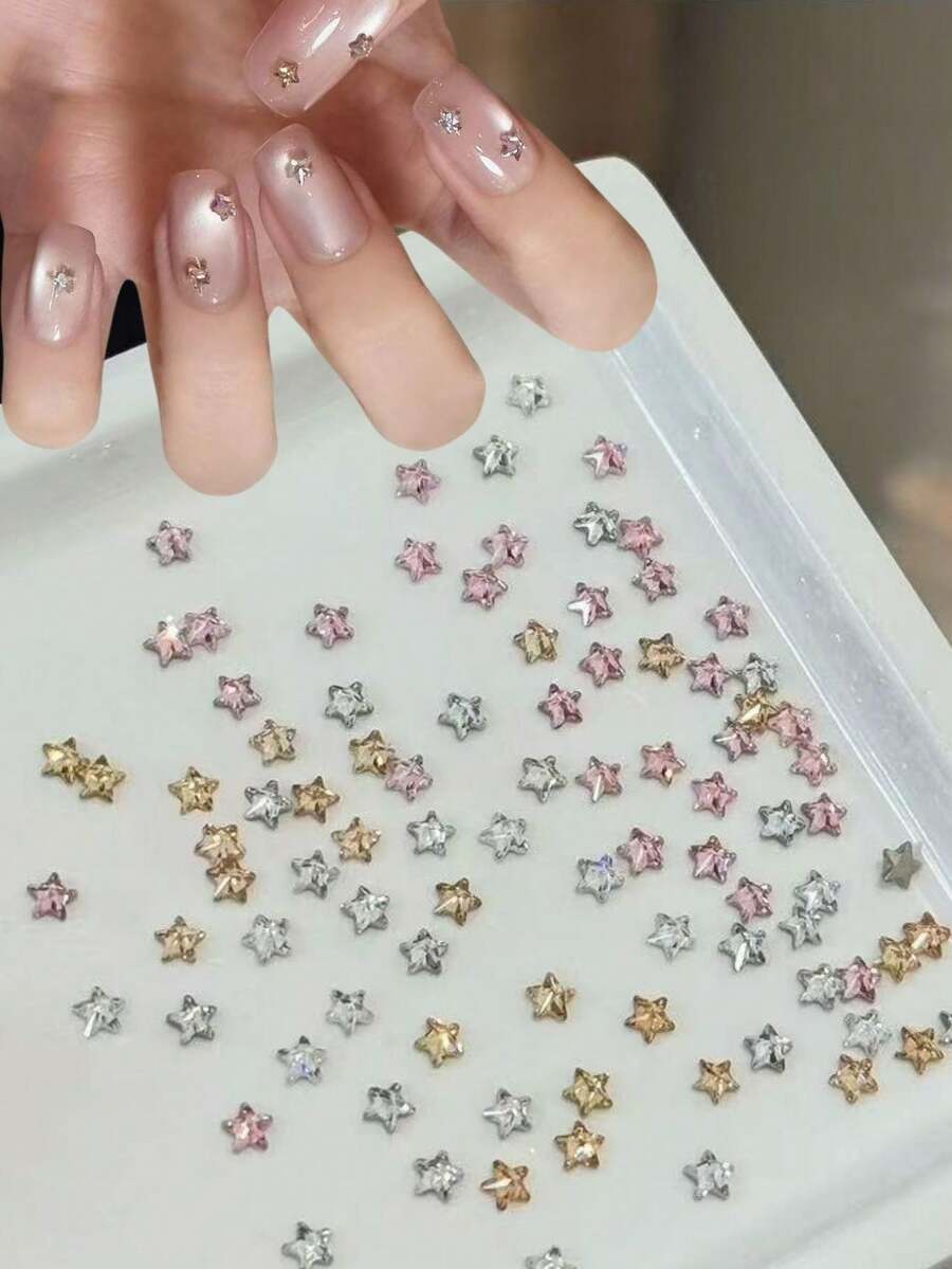 30颗闪亮锆石美甲贴,香槟色和银色迷你不对称造型美甲装饰,百搭优雅,适合秋冬季美甲 - 彩色 - 查看 1