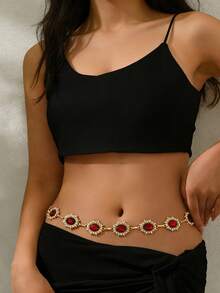 1 Set Asymmetrical Oval Belly Chain, Zinc Alloy Material Waist Belt/Pants Chain/Skirt Chain, Punk Metal Style Suitable For Daily, Party, Beach, Music Festival Wear/Holiday Gift - Red - View 2