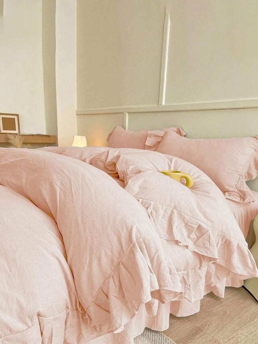 Soft Pink Cream Ruffled Duvet Cover 3 Pieces Set (1*Duvet Cover + 2*Pillowcases), Suitable For Bedroom & Guest Room, All Season, Machine Washable - Baby Pink - View 1