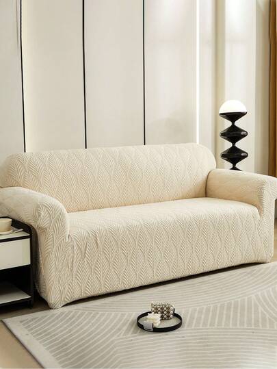 1pc Plush Cream White Leaf Pattern Stretch Sofa Cover (Including 1pc Pillow Cover), Nordic Modern Polyester Fiber Dust-Proof Anti-Slip Thickened Sofa Slipcover, Suitable For 1/2/3/4 Seater Sofa, Especially Suitable For Autumn/Winter Sofa Decor
