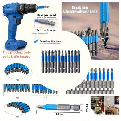 12pcs Anti-Slip Cross Slot Screwdriver Bit Set, 1/4" Hex Shank 1"/25mm Length With Magnetic Tips, Suitable For Electric Screwdriver, Drill Impact Driver Tools (PH1, PH2, PH3, PZ1, PZ2, PZ3)