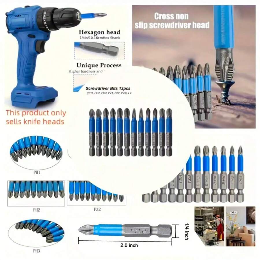 12pcs Anti-Slip Cross Slot Screwdriver Bit Set, 1/4" Hex Shank 1"/25mm Length With Magnetic Tips, Suitable For Electric Screwdriver, Drill Impact Driver Tools (PH1, PH2, PH3, PZ1, PZ2, PZ3) - Screwdriver Bits - View 1
