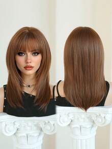 7JHH WIGS 女士焦橙色分层假发，18英寸优雅齐肩直发，带刘海，外观自然柔软，耐热蓬松，无胶合成纤维材质，适合日常佩戴，新手假发配件，母亲节礼物 - 亮橙色 - 查看 6