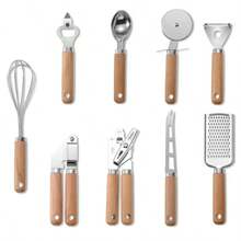 9pcs Wooden Handle Kitchen Tool Set, Includes Whisk, Bottle Opener, Ice Cream Scoop, Pizza Cutter, Peeler, Cheese Grater, Can Opener, Cheese Knife - Durable Cooking Utensils For Home Chef - View 9