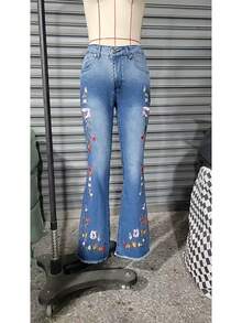 New Women'S Jeans For Everyday Use In 2026, Featuring Casual, Breathable Material, Retro Dark Blue Embroidered Flared Design, And Extended Floor-Length Style - 藍色 - 查看 8
