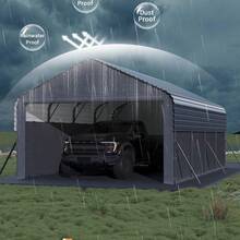strundghti Gray 12x25 FT Metal Garage Shed, Enclosed Carport With Vertical Steel Roof And Man Door For All-Weather Vehicle Parking - A - View 5