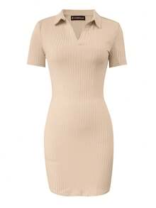 Women V-Neck Ribbed Knit Bodycon T-Shirt Dress, Solid Color, Casual Wear For Spring And Summer Elegant - Apricot - View 6