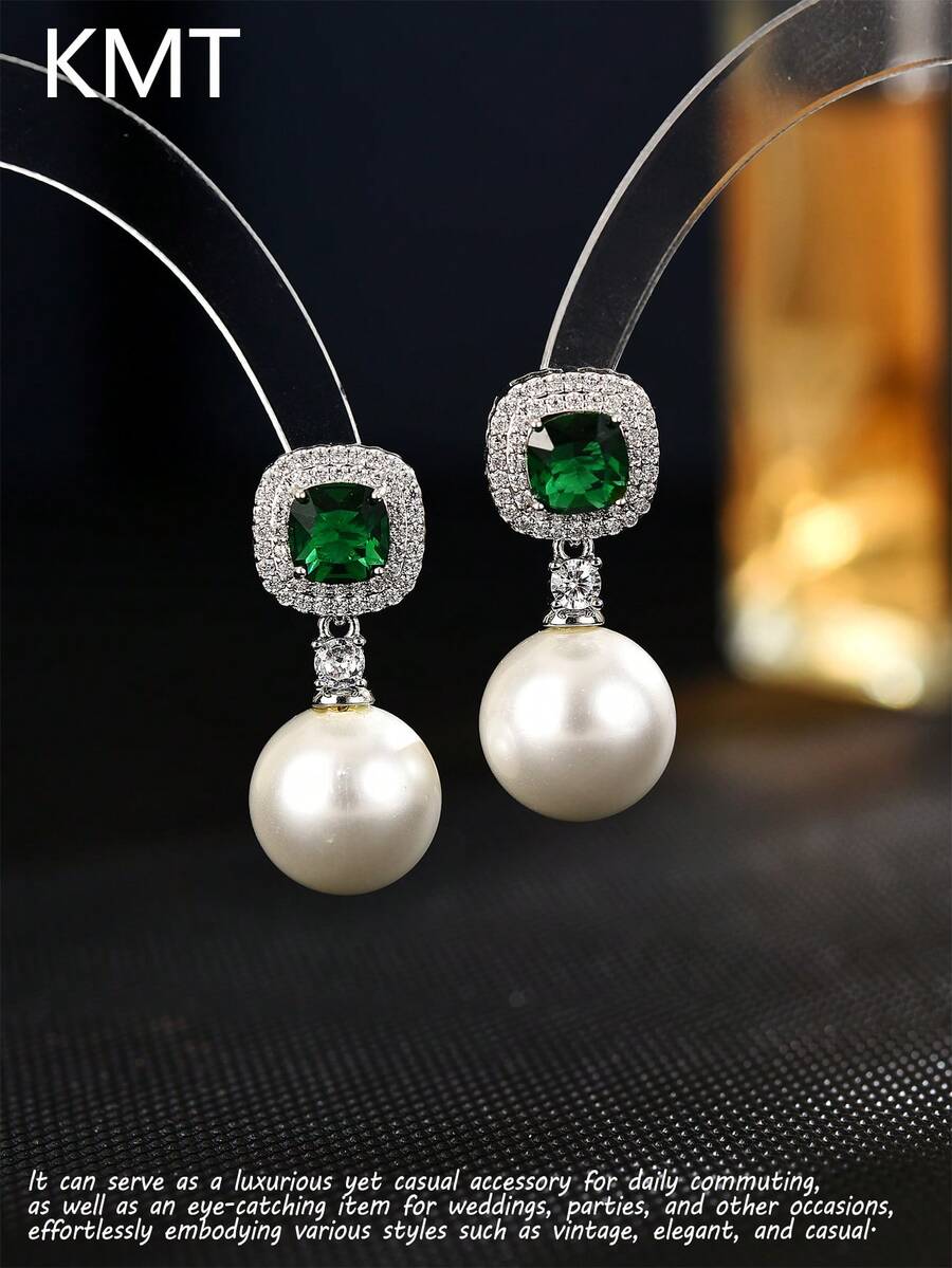 KMT 2 đôi bông tai hợp kim đồng đính đá Cubic Zirconia và ngọc trai giả, kiểu dáng hình học thanh lịch, phụ kiện thời trang cao cấp dành cho nữ, phù hợp cho tiệc tùng và các dịp lễ hội. - Ngọc trai vuông - Xem 1