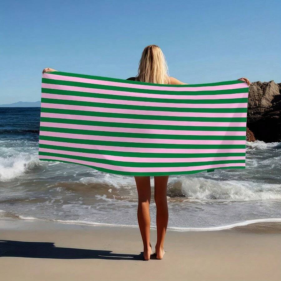 1 Pc Green Pink Striped Pattern Beach Towel, Large Quick Dry Soft Sun-Protective Absorbent Comfortable Durable Microfiber Material, For Beach Pool Bath Spa Daily Use, Pool Camping Yoga Diving Travel Essential, Summer Travel Vacation Essential - Green Pink Striped - View 1