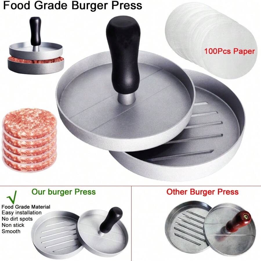 KCJLHGT Prensa de hamburguesas, molde de hamburguesa de aluminio antiadherente con 100 papeles para hamburguesas - Plateado - Ver 1