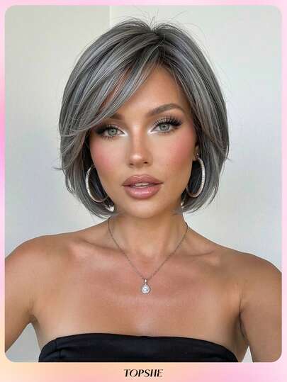 Soft Heat-Resistant Layered Straight Hair Side Part Bob Gray Highlight 10-Inch Synthetic Wig For Women For Elegant Daily Party - TOPSHE