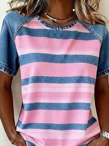 时尚牛仔印花与粉色条纹碰撞，女士夏季穿搭，女士沙滩装，女士休闲衬衫，女士休闲圆领短袖T恤 - 淺粉色 - 查看 4