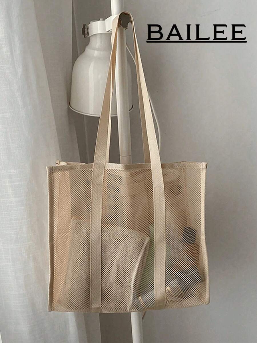 1 Set Of Fashionable Bohemian Style Beach Bag, Solid Color Design, Large Capacity And Portable, Made Of Polyester Fiber Material, Full Mesh Design For Transparency And Breathability, Another Style Features Double Top Handles, Suitable For Travel, Camping And Storage, Ideal Choice For Bohemian Women, Boho, Summer - 卡其色 - 查看 1