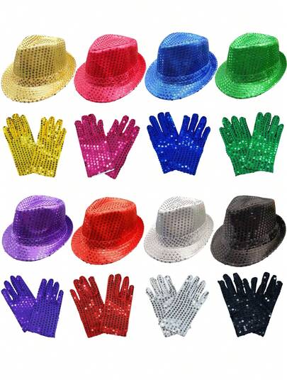 Bộ 2 món gồm mũ và găng tay biểu diễn unisex, mũ lấp lánh và mũ chóp cao, thích hợp cho các buổi dạ hội, biểu diễn đường phố ngoài trời và mặc hàng ngày.