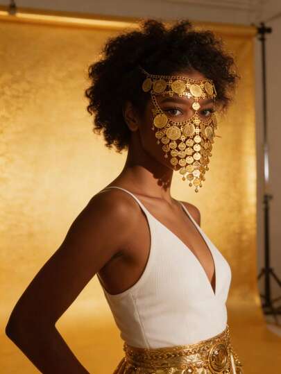 一款优雅复古的金色面具面纱，时尚镂空硬币合金面纱流苏面具配饰，适合舞会、小丑、街头射击等场合，闪亮夺目，时尚性感。