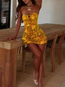 Vestido de verano estampado sin tirantes con volantes en el bajo para mujer, elegante para citas, fiestas, vacaciones y playa - Amarillo - Ver 4