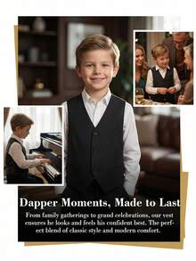Boys Formal Suit Vest, Single-Breasted Waistcoat, Classic V-Neck Design, Wedding Birthday Party Graduation Ceremony, Formal Suit Set Single Piece - Black - View 5