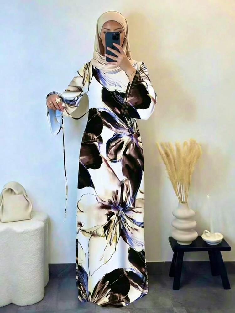 女士长款印花针织阿拉伯连衣裙，喇叭袖圆领，优雅长裙，春季款 - 咖啡棕 - 查看 1