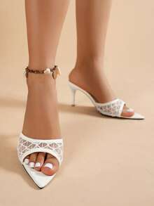 夏季新款白色编织网面高跟凉鞋，简约百搭尖头细高跟穆勒鞋，适合通勤、办公、音乐节、情人节等场合，优雅高跟，母亲节好礼。 - 白色 - 查看 6