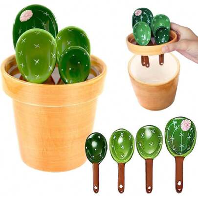 - Cactus-Shaped Ceramic Measuring Cup And Spoon Set, 4-Piece Kitchen Measuring Spoon Set, Housewarming Gifts, New Home Gift, For Women, 44589040