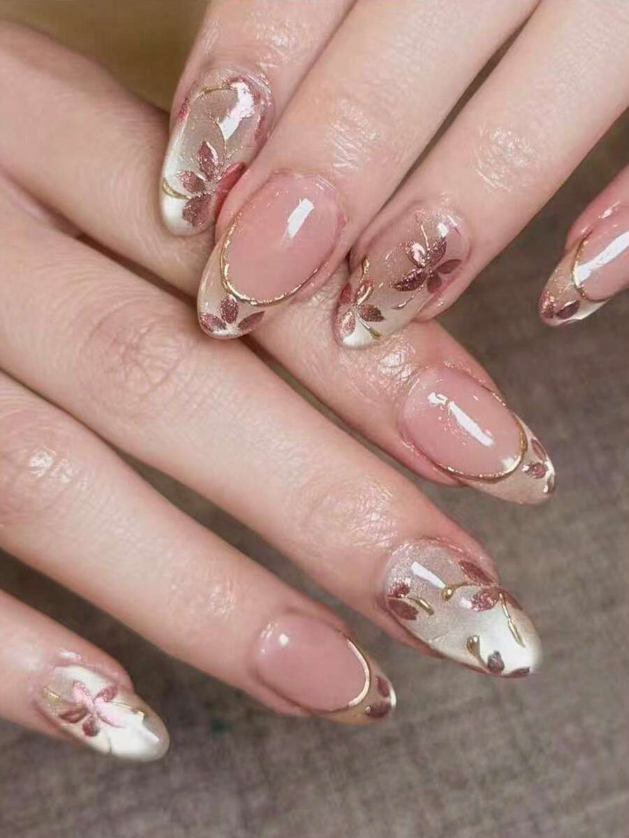 10件手工美甲貼片,假指甲,夏季美甲,短指甲,壓克力美甲貼,美甲貼組,Y2K風格,裸色美甲,玫瑰金美甲,貓眼亮片貼花,手繪玫瑰金花卉與金屬金法式指尖。優雅奢華風格,適合女士與女孩在婚禮、派對和約會時使用。手工穿戴式美甲 - 香檳色 - 查看 1
