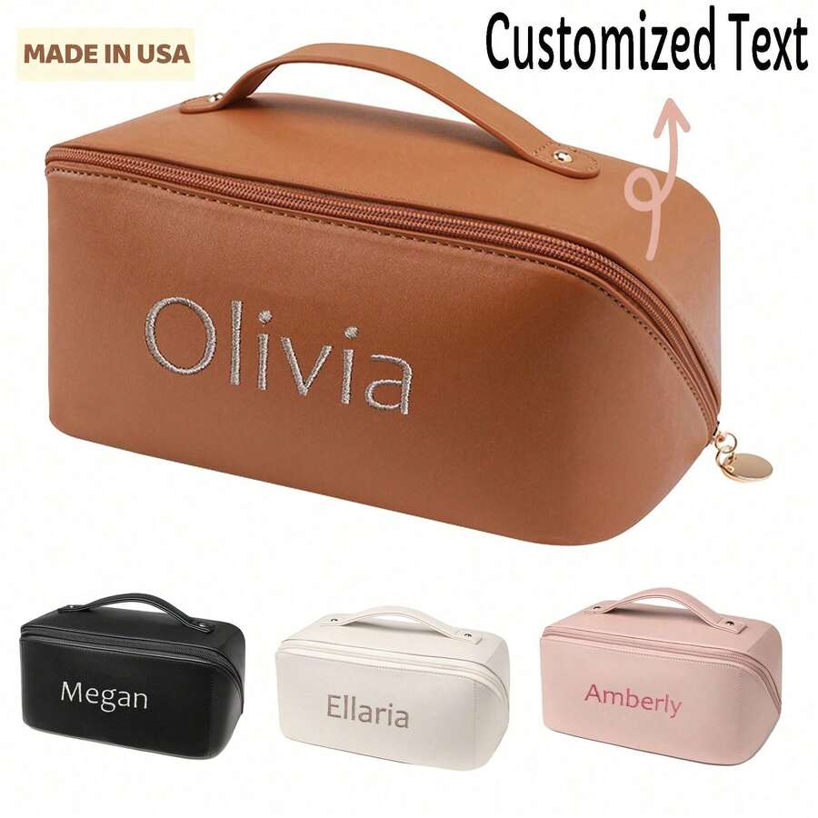 Embroidered Leather Makeup Bag, Large Capacity Cosmetic Bag, Bridesmaid Gifts Bag, Bridal Party Gifts, Makeup Organizer, Woman Toiletry Bag, Cosmetic Bag, Bridal Shower Gift, Make Up Bag, Toiletry Bag, Bridesmaid Gift, Travel Accessories, Personalized Gift, Personalized Gifts, Leather Makeup Bag, Bridesmaids Gifts, Party Bag, Makeup Bag For Her, Personalized Gifts, Urban Chill - Multicolor - View 1