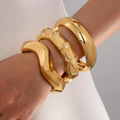 Bộ 3 vòng tay dày dặn, phong cách tối giản, chủ đề kỳ nghỉ hè trên bãi biển, mạ vàng, họa tiết nút tre và giọt nước mịn màng, phù hợp cho nữ, chất liệu kim loại chắc chắn và hợp kim kẽm.