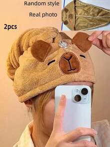 1pc Cute Cartoon Capybara Microfiber Hair Drying Towel Cap, Absorbent, Quick-Drying, Coral Fleece Material, Suitable For Women & Girls, Home & Bathroom Decor, Essential For Summer & Back To School Season - Multicolor - View 9