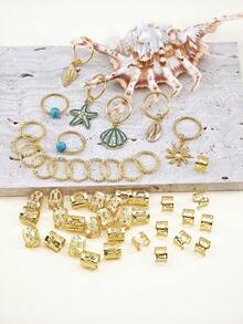 48个夏季度假闪亮发圈，镶嵌钻石海星、贝壳、金色海螺、太阳和蓝色珠子，可调节闪亮合金发夹，适合海滩度假编发造型 - 金色 - 查看 2