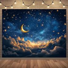 1件装2D平面设计新月星空夜空背景布，带有闪亮的星星和云朵图案 - 涤纶面料星空背景帘，适用于浪漫装饰、婚礼、生日派对、室内外装饰 - 25 - 查看 2