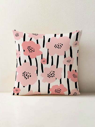 1pc Floral & Striped Pattern Cushion Cover, No Pillow Insert, Creative Printed Velvet Square Throw Pillow Case, Suitable For Living Room, Bedroom, Home Decor, Sofa, Car, All Seasons
